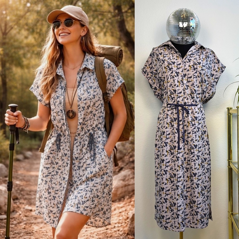 REI Co-op Sun Up Shirt Dress Grey Lilac Floral UPF 50 Medium Gorpcore Outdoor